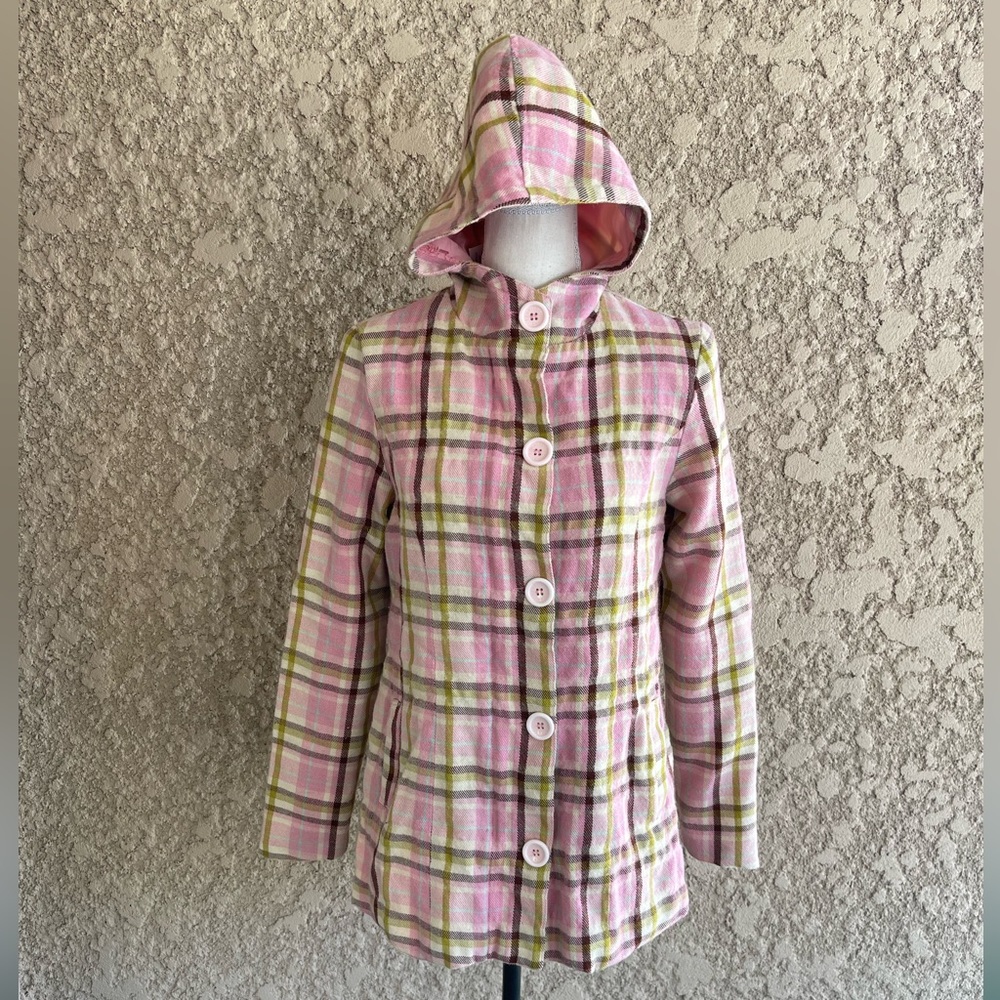Y2K Paul Frank Pink Plaid Hooded Wool Peacoat, Size Small